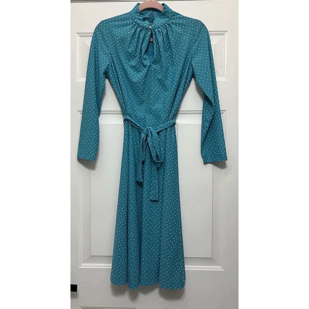 VTG 1970s Teal‎ Dotted Belted Women's Swing Dress Sz S/M Retro Polyester